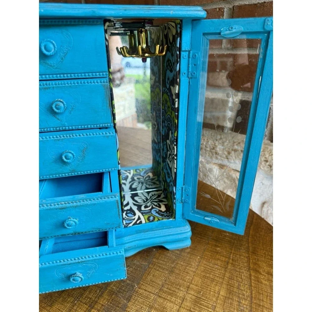 Upcycled Shabby Chic Turquoise Vintage Wood Jewelry Box Chest Armoire 5 Drawer